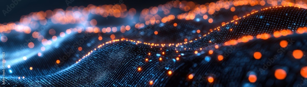 Poster a dynamic abstract wave of blue and orange glowing particles forms a flowing mesh, creating a futuri