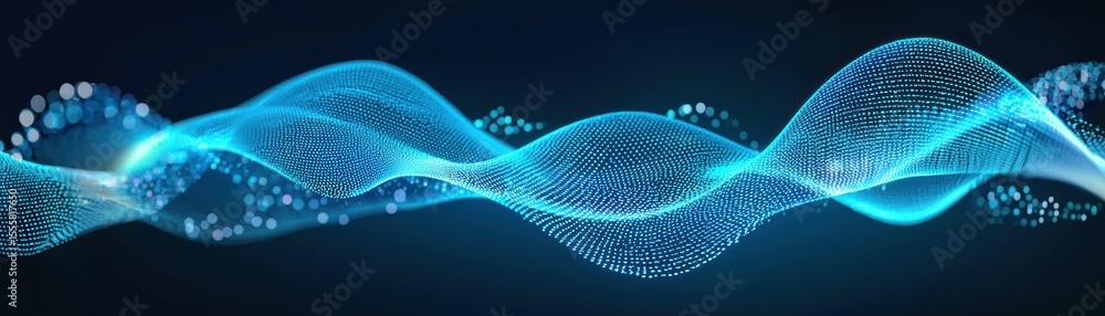 Poster blue digital wave with glowing dots and lines, representing data flow or sound waves on a dark backg