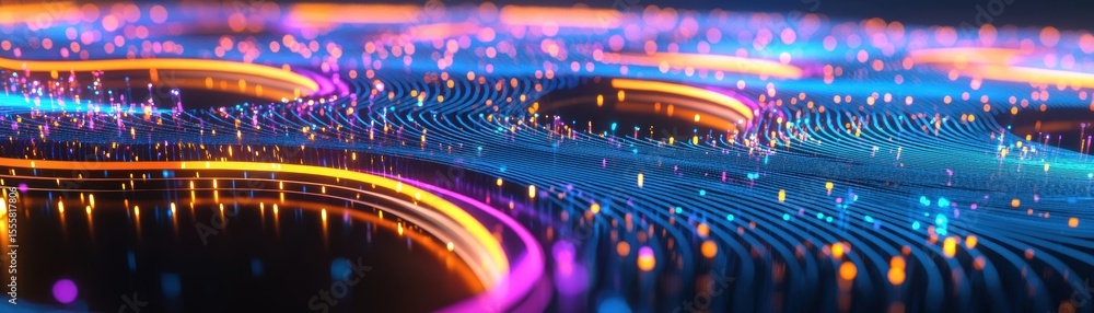 Poster a vibrant, futuristic circuit board with glowing lines and nodes in neon blue and purple hues, resem
