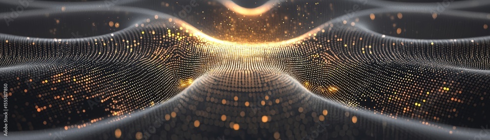 Poster abstract digital landscape of flowing waves made of glowing dots and lines, creating a futuristic an