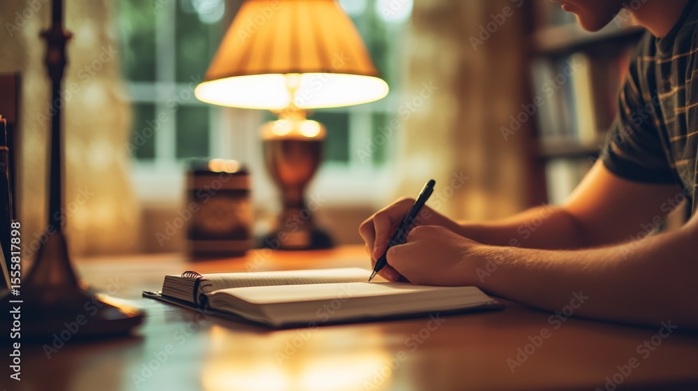 Poster student is diligently taking notes in their notebook under the warm glow of a desk lamp, highlightin
