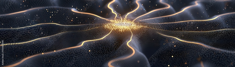 Poster abstract digital landscape featuring flowing lines and glowing particles creating a futuristic mesh 