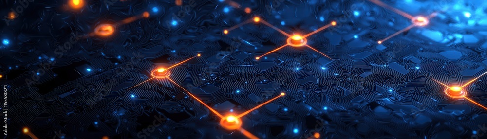Poster a futuristic digital circuit board with glowing orange nodes interconnected by bright lines on a blu