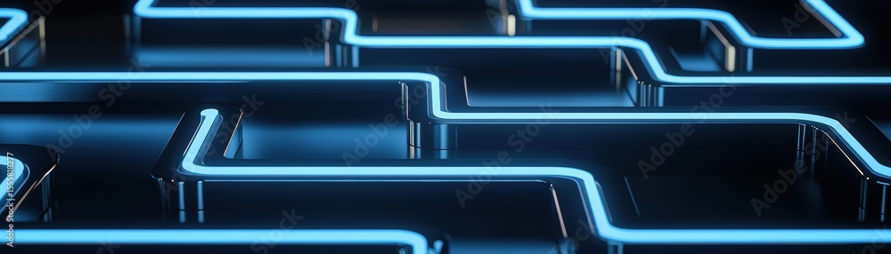 Poster a futuristic, glowing blue maze with interconnected pathways and sharp edges, creating a sleek and h