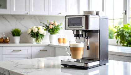 coffee machine alongside a filled with creamy latte