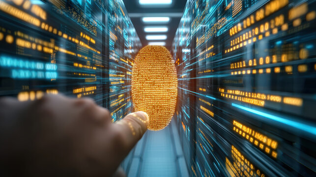 Digital fingerprint glowing in futuristic data center, symbolizing advanced technology and security