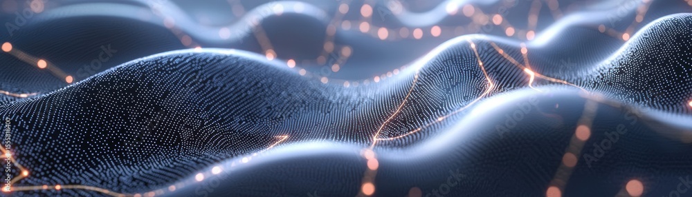 Poster abstract digital wave with glowing dots and mesh grid, representing data flow and modern technology 