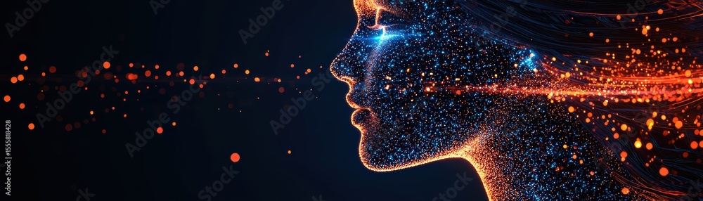 Poster digital profile of a human face composed of glowing particles and lines, symbolizing artificial inte