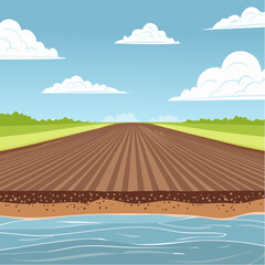 Obraz premium Vast Agricultural Field with Parallel Rows Extending to Horizon, Water's Edge Visible