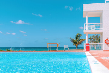 Serene swimming pool overlooking ocean, featuring clear blue water and bright sky. scene evokes relaxation and tranquility