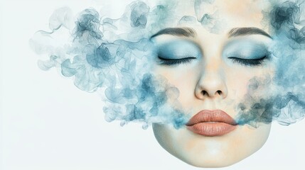 Close Up Portrait Of Woman with Closed Eyes and Shimmering Blue Eyeshadow, Ethereal Smoky Effect