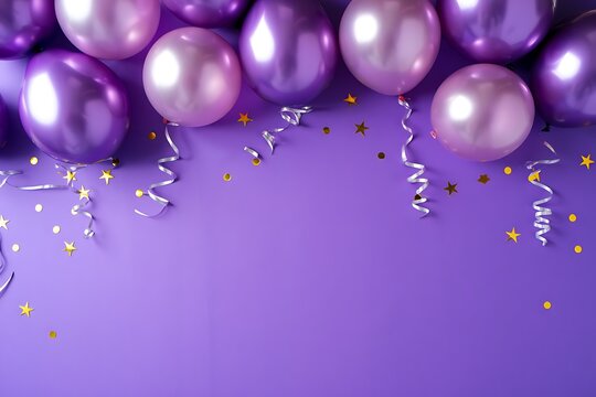 Purple and pink balloons with gold confetti and streamers on a purple background