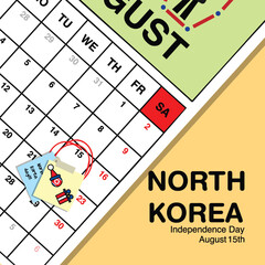 North Korea Independence Day reminder on August 15th in a wall calendar with illustrative people wearing the nation's traditional attire.