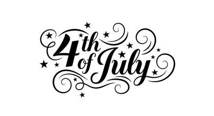 Elegant 4th of July Script with Stars and Swirls on White Background
