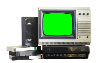 Old black vintage television with green screen and VCR from 1980s, 1990s, 2000s isolated on green...