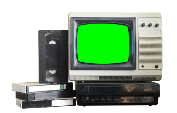 Old black vintage television with green screen and VCR from 1980s, 1990s, 2000s isolated on green background.