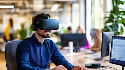 Man wearing virtual reality headset in modern office environment, engaged in immersive technology