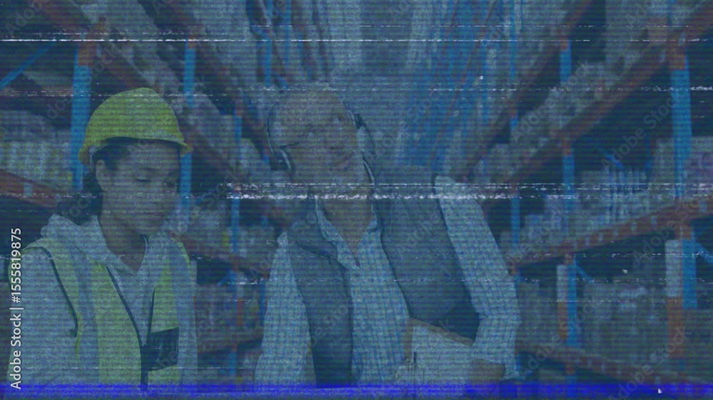 Poster supervisor pointing toward top rack and guiding trainee checking box code for inventory check