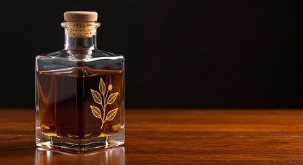 Elegant square bottle with brown liquid and decorative leaf design sits on wooden surface