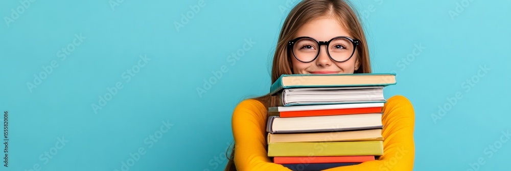 Poster happy elementary school student wearing glasses and an orange shirt, hugging a stack of colorful boo
