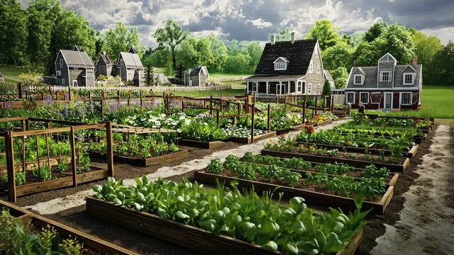 Rustic garden plots with historic buildings