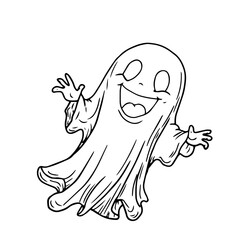 Funny ghost flying, black and white ink sketch. Vector illustration. A smiling ghost, isolated on a white background. Halloween theme, children's books, postcards, textiles and children's books