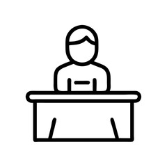 Line drawing of a person sitting at a desk in an office  