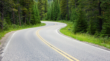Curvy mountain road cutting through lush green forest, inviting adventure and exploration