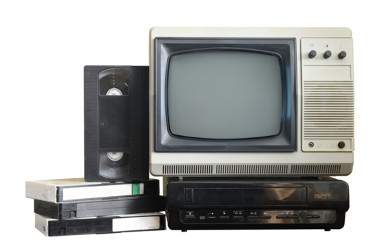 Old vintage TV with VCR and video cassettes isolated on white background.