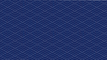 A repeating pattern of blue chevron shapes with white dashed lines on a blue background design art
