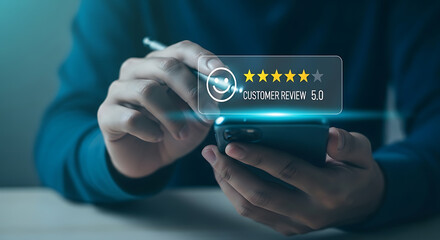 Person rating service with stars customer review five stars
