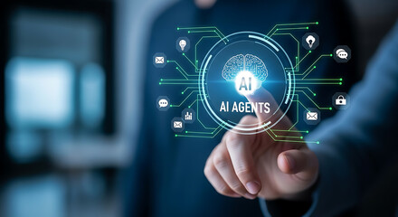 Human finger touching digital brain network artificial intelligence