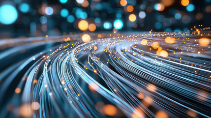 Vibrant display of fiber optic data streams, showcasing efficiency and speed with glowing lights and dynamic movement