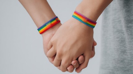 Hands of Asian gay couple wearing rainbow wristbands, holding each other firmly, white background, simple and strong visual for pride and love representation