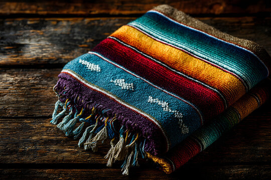 Cinco de mayo fiesta party and indigenous cultures of Mexico concept theme with a Mexican rug called a serape isolated on wood background with copy space