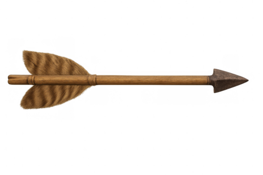 Wooden arrow mid-flight, sharp metal tip gleaming, authentic brown fletching, suspended against transparent backdrop