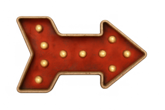 Vintage red metal arrow sign glowing with lights, pointing rightward, isolated on transparent background for advertising or decor purposes