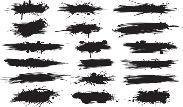 Collection of twenty black ink splatter and brush stroke graphic elements on a white background for design