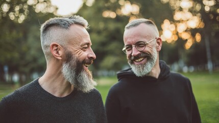 Two happy bearded men laughing together in a sunny green park, casual clothes, LGBTQ couple enjoying nature, soft natural light and candid joyful expression