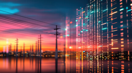 Vibrant sunset reflects city skyline, with power lines foreground and digital data streams overlaying scene, symbolizing