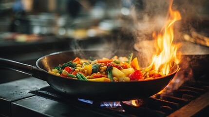 Cooking pan with colorful vegetable and bean mix on stove with bright flame and smoke .