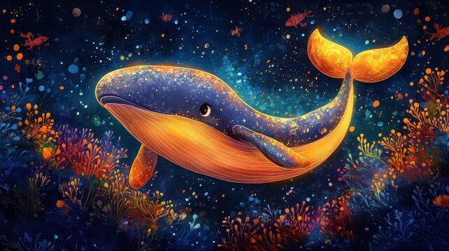 A cartoon-style whale with exaggerated features and bright colors, adding a whimsical and playful touch to its appearance.