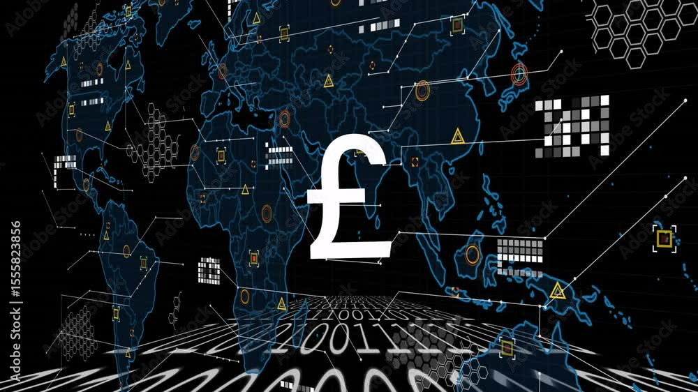 Poster binary floor rising triggers pound symbol pulsing, data clusters forming showing global net