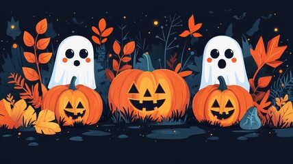Halloween in flat design, bold colors, clean lines, modern pumpkins, minimalistic ghosts, vibrant style.