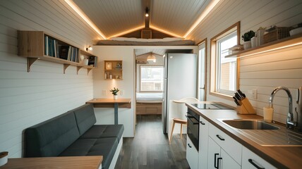 A photo of the interior of a modern tiny house with space-saving furniture