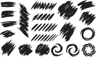 Collection of diverse black ink brush stroke textures and swirling paint splatters on a clean white background