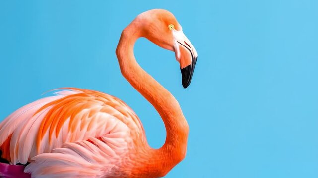 Exotic flamingo stands gracefully against bright cyan backdrop in vivid studio shot