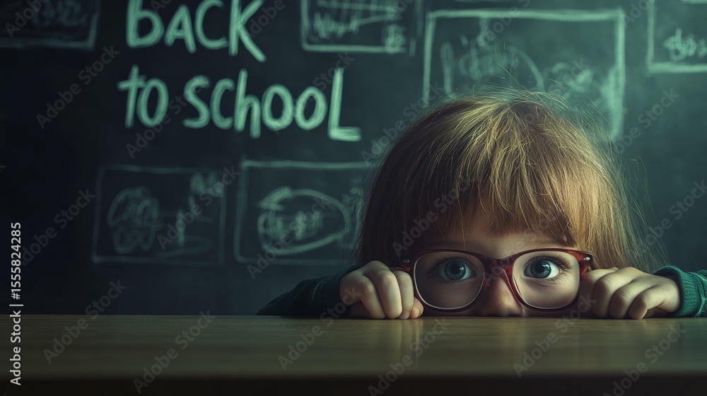 Poster curious primary school student with eyeglasses hiding behind a desk peeking over the top at the came