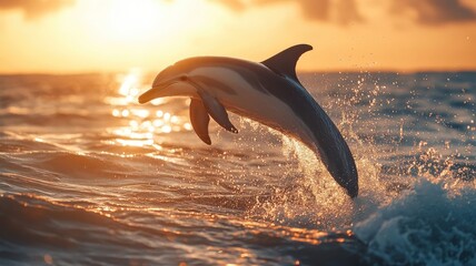 Dolphin leaping joyfully by the beach, the sunlight reflecting off the calm waves as it arcs gracefully in the air.