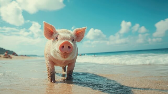 Pig enjoying a sunny day on the beach, with sand and ocean waves creating a playful, carefree scene.